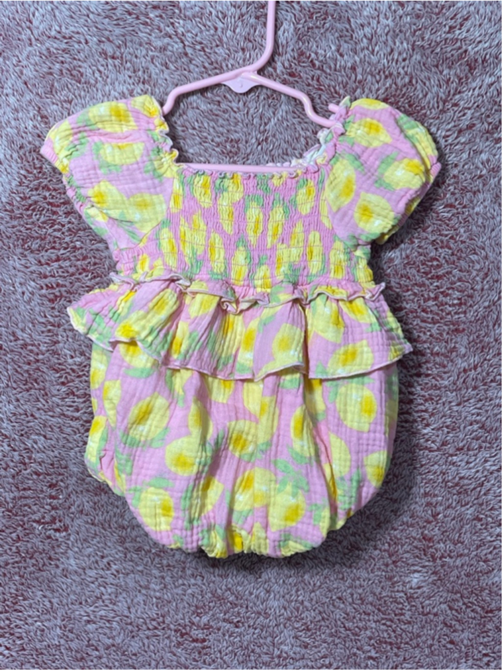 Baby Essentials 9 months pink lemonade ruffle bubble romper